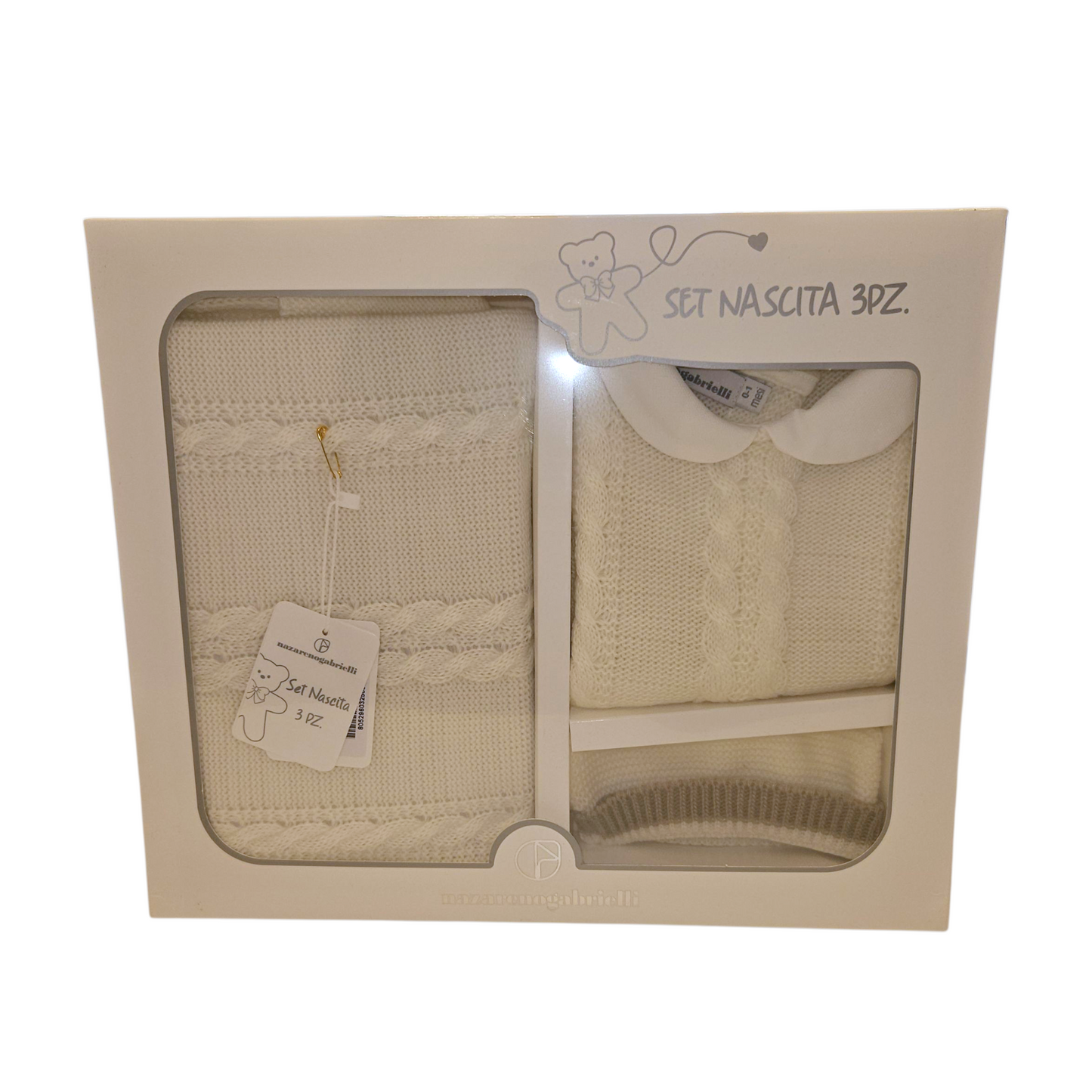 Set nascita 3 pz. tutina, copertina e cappellino in morbidissima lana 0-1 mese. NAZARENO GABRIELLI