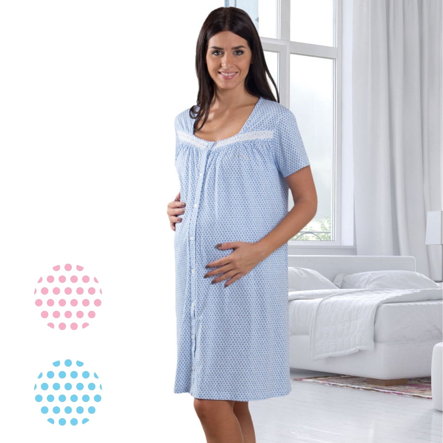 Mamina - Camicia Da Notte Clinica Aperta Avanti Fantasia In Puro Cotone Mezza Manica - Camicia Da Notte Per Parto Art. Z9273/01