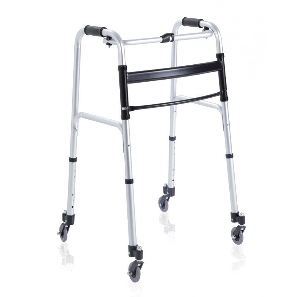 Deambulatore pieghevole regolabile con 4 ruote piroettanti