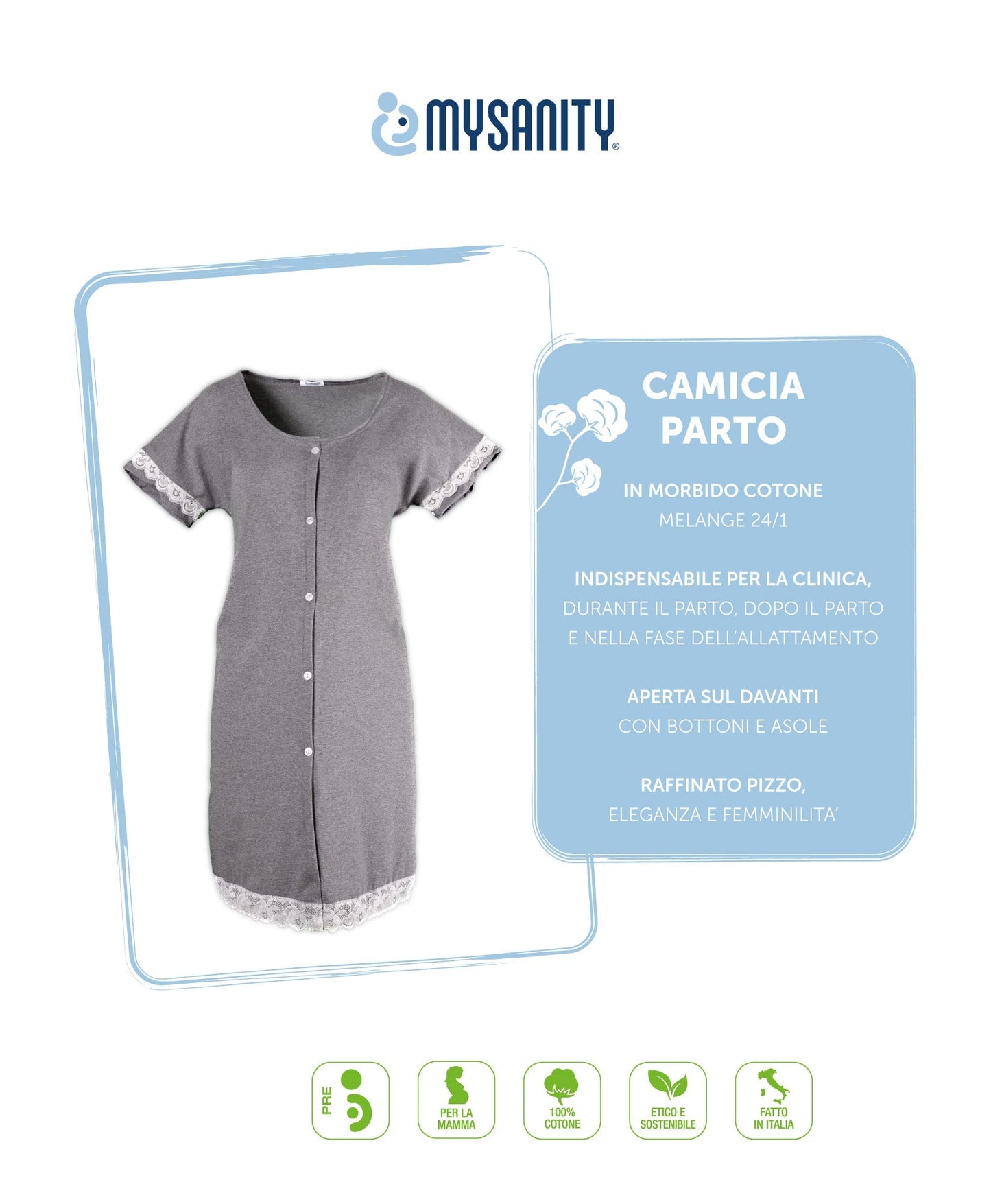 Camicia parto aperta cotone melange con pizzo