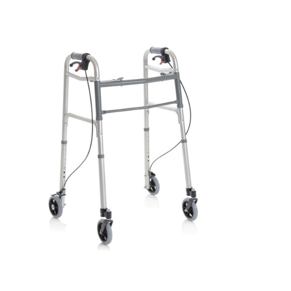 Deambulatore pieghevole in alluminio anodizzato – 2 ruote piroettanti e 2 ruote fisse con freno azionabile a mano Ø 12 cm – Click