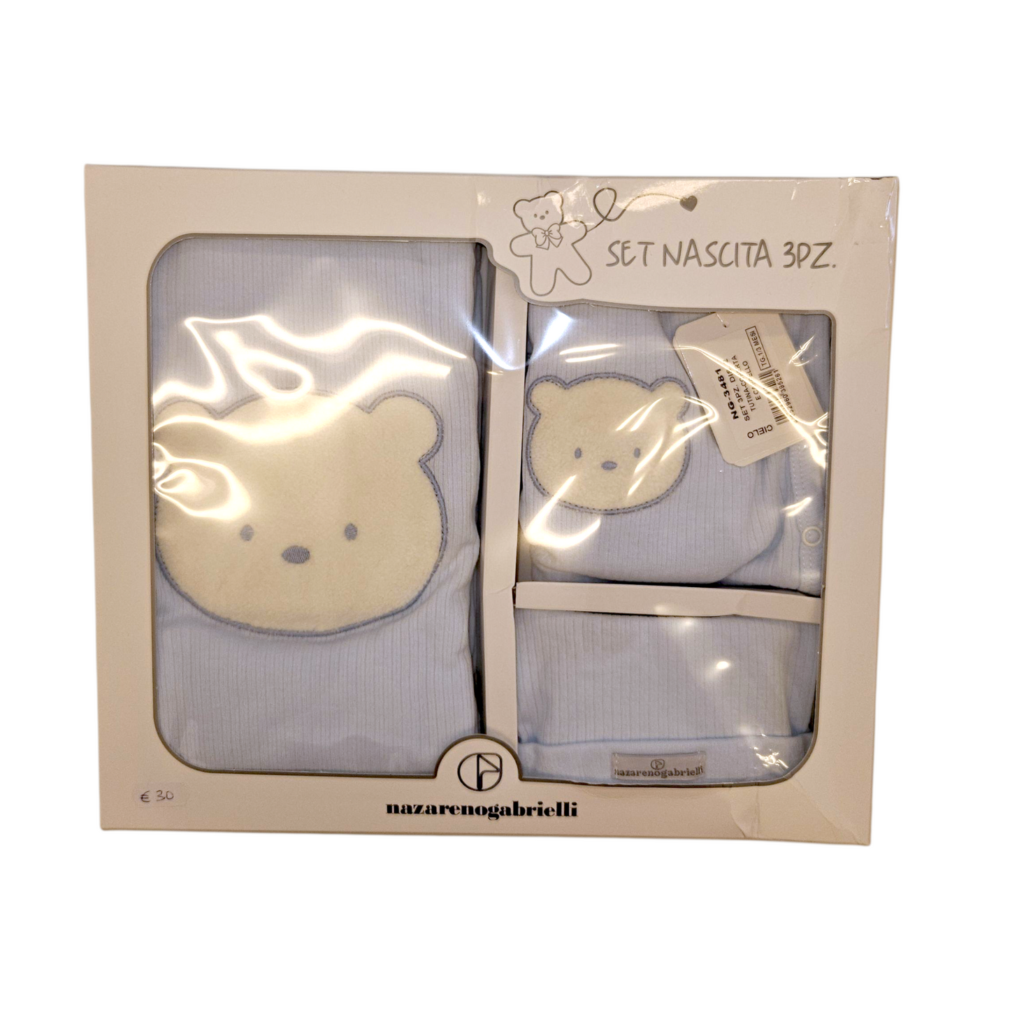 Set nascita 3 pz. completino, cappellino e copertina 100%cotone 1-3 mesi. NAZARENO GABRIELLI