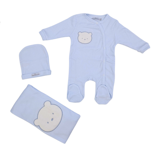 Set nascita 3 pz. completino, cappellino e copertina 100%cotone 1-3 mesi. NAZARENO GABRIELLI