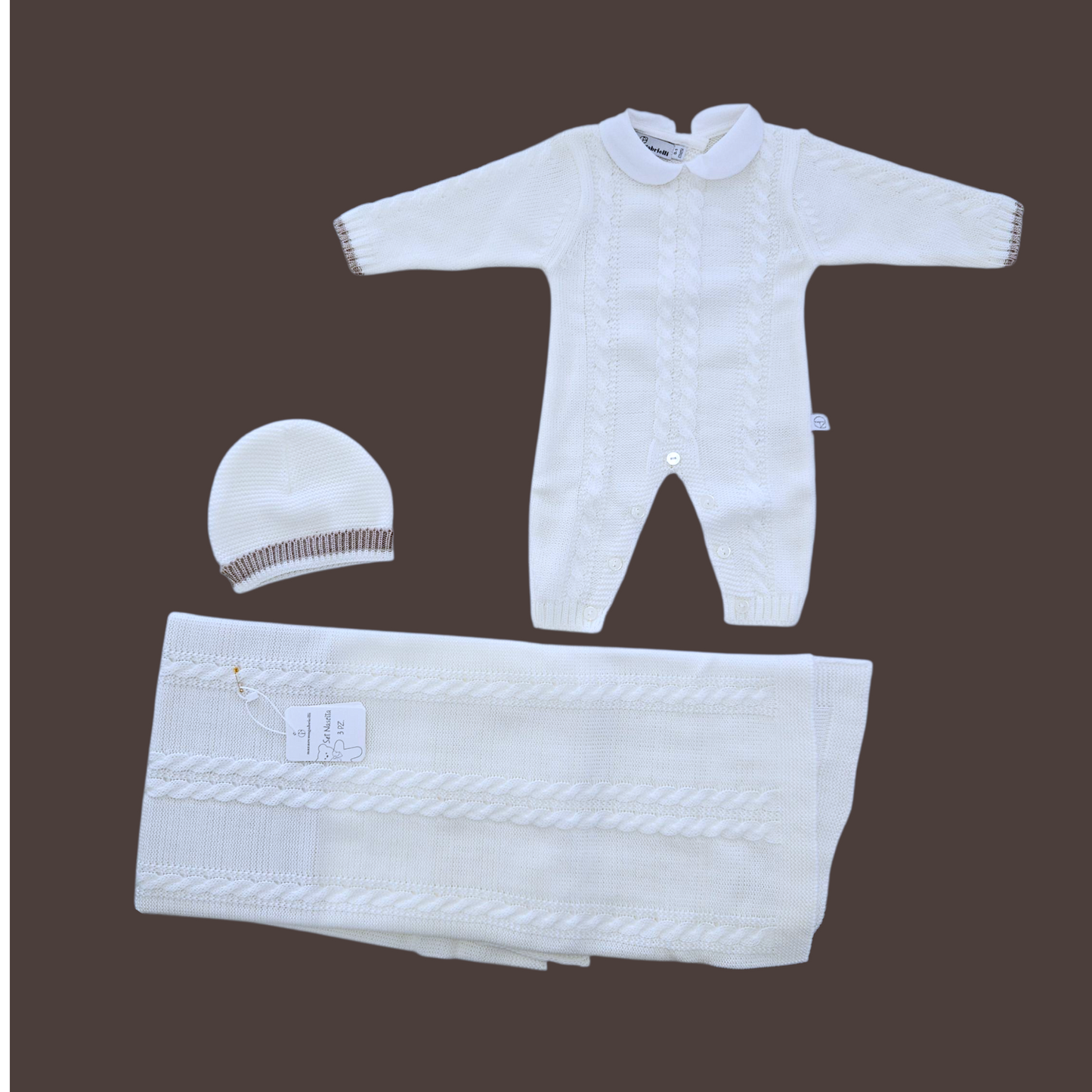 Set nascita 3 pz. tutina, copertina e cappellino in morbidissima lana 0-1 mese. NAZARENO GABRIELLI