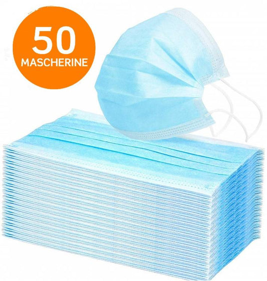50 PZ MASCHERINE CHIRURGICHE MONOUSO FILTRANTI IN TNT AZZURRO 3 STRATI