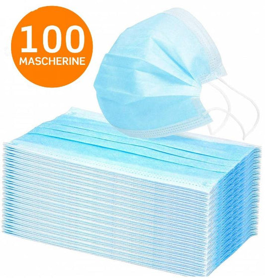 100 PZ MASCHERINE CHIRURGICHE MONOUSO FILTRANTI IN TNT AZZURRO 3 STRATI OSPEDALE