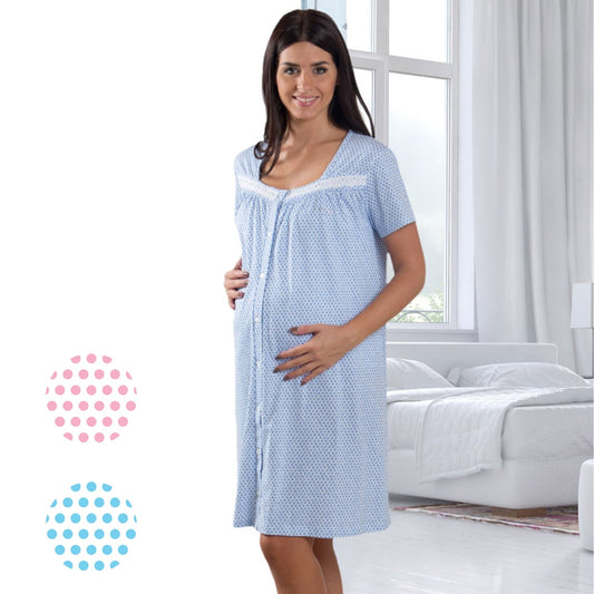 Mamina - Camicia Da Notte Clinica Aperta Avanti Fantasia In Puro Cotone Mezza Manica - Camicia Da Notte Per Parto Art. Z9273/01