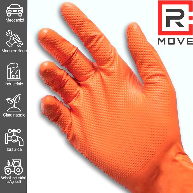 Rmove 100Pz 8.5Gr Da Lavoro Guanti Nitrile Arancione Senza Polvere Full Grip (L)