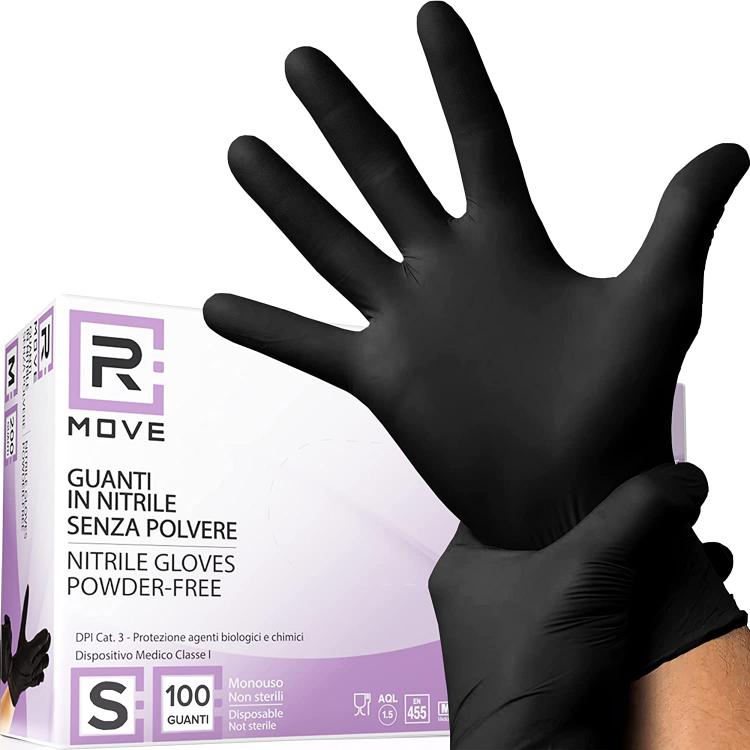 100 Guanti Monouso Nitrile Neri No Polvere Ipoallergenici Alimenti Estetica S