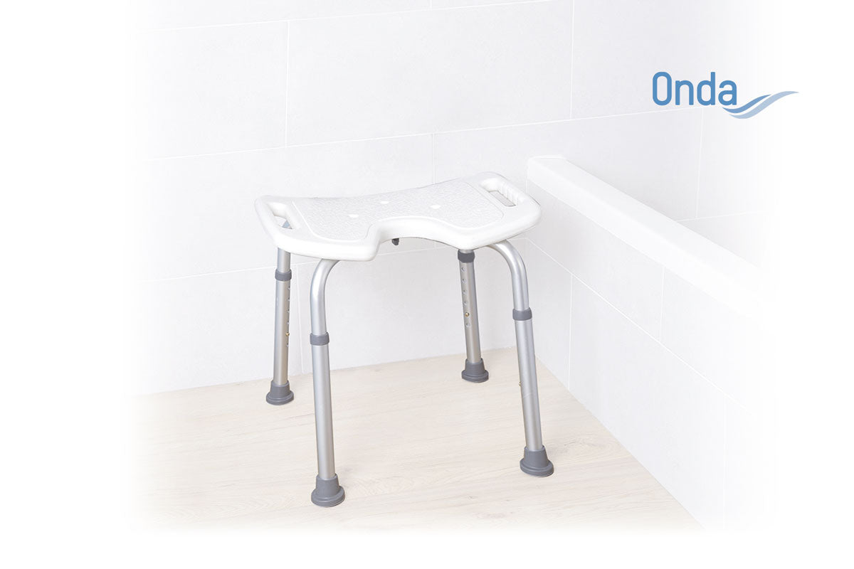 Sedile per doccia in alluminio anodizzato – Seduta ad U in HDPE (polietilene ad alta densità) – Senza schienale – Serie Onda