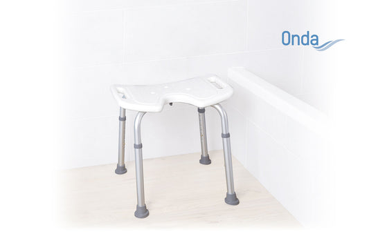 Sedile per doccia in alluminio anodizzato – Seduta ad U in HDPE (polietilene ad alta densità) – Senza schienale – Serie Onda