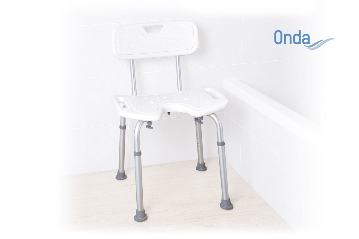 Sedile per doccia in alluminio anodizzato – Seduta ad U in HDPE (polietilene ad alta densità) – Con schienale – Serie Onda