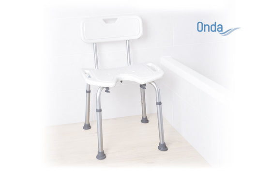 Sedile per doccia in alluminio anodizzato – Seduta ad U in HDPE (polietilene ad alta densità) – Con schienale – Serie Onda