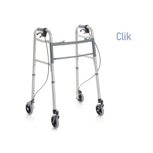 Deambulatore pieghevole in alluminio anodizzato – 2 ruote piroettanti e 2 ruote fisse con freno azionabile a mano Ø 12 cm – Click